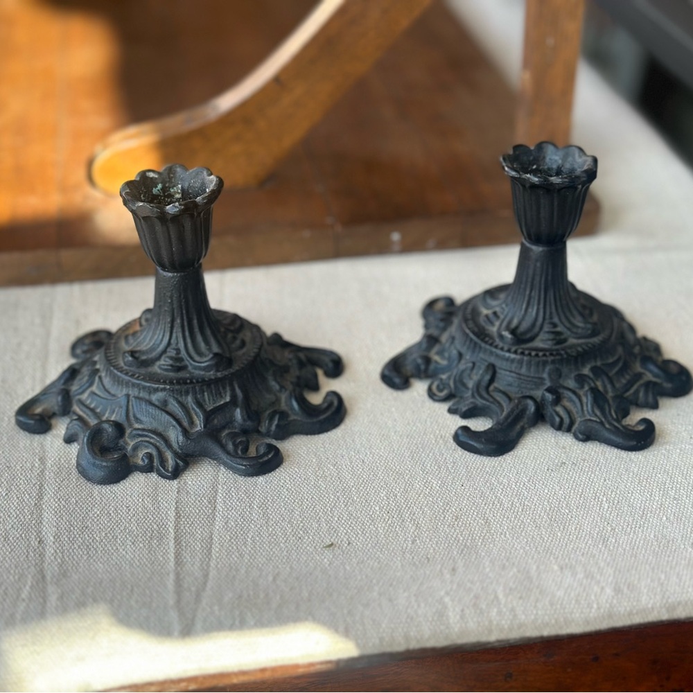 Vintage Pair Cast Iron Candlesticks Robert Emig Ornate Black 4" USA